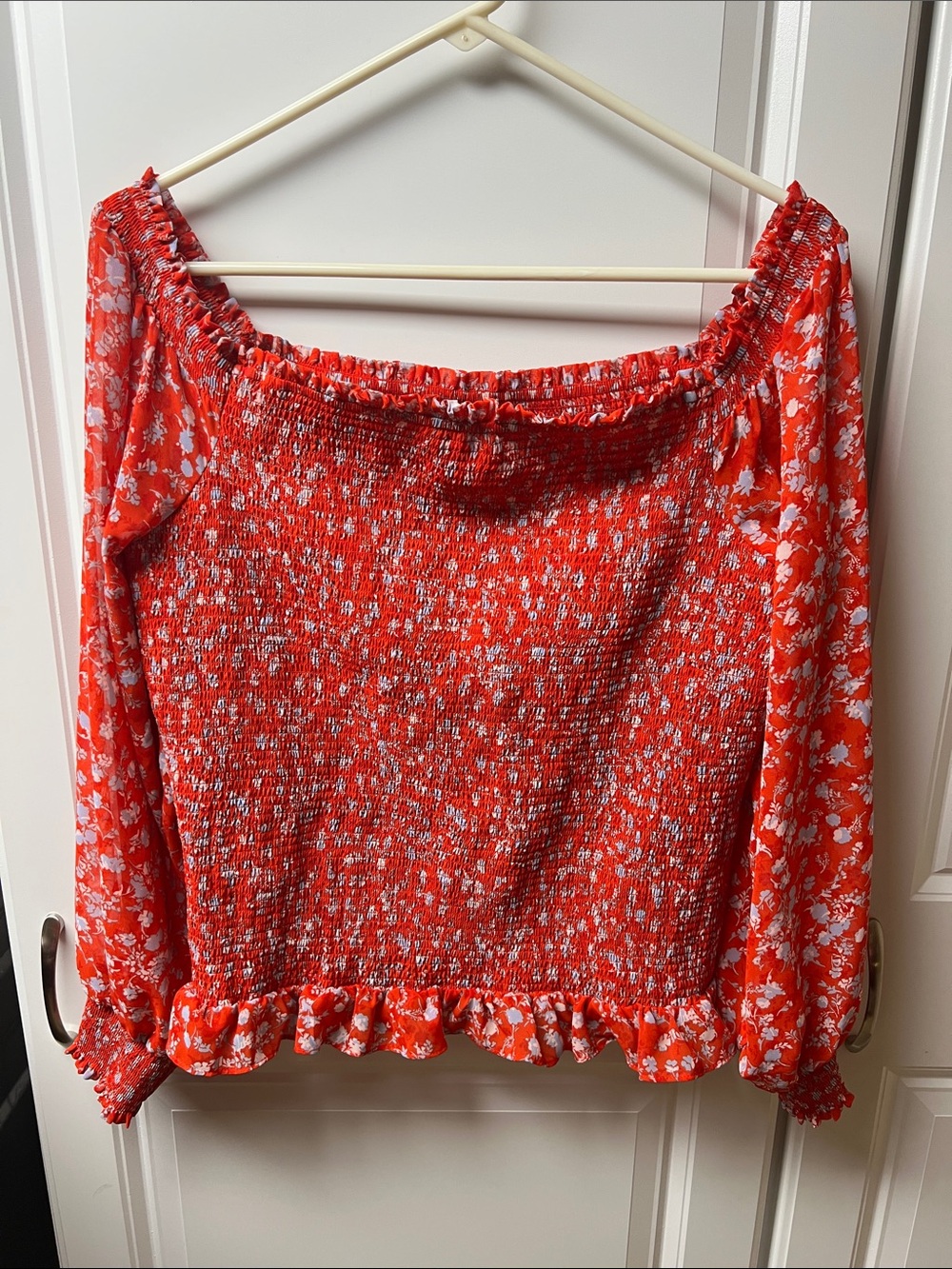 Bar III Red Floral Off-The-Shoulder Smocked Top, XXL
